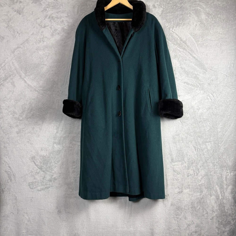 Sniff Coat Wool Blend Faux Fur Trim 6P Green Longline Vintage Overcoat